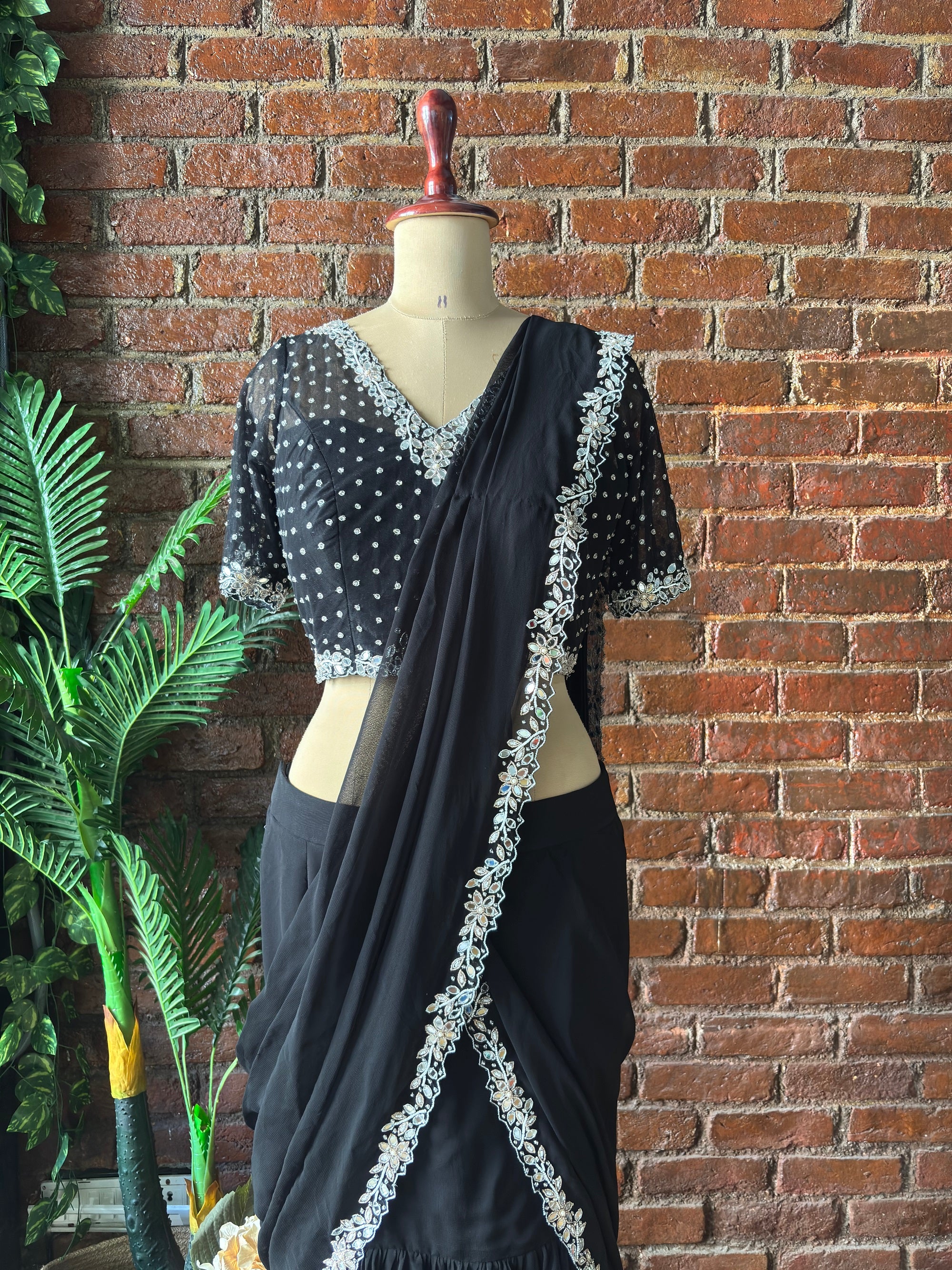 Black Ruffle Saree with Mirror Embroidery - Saree USA
