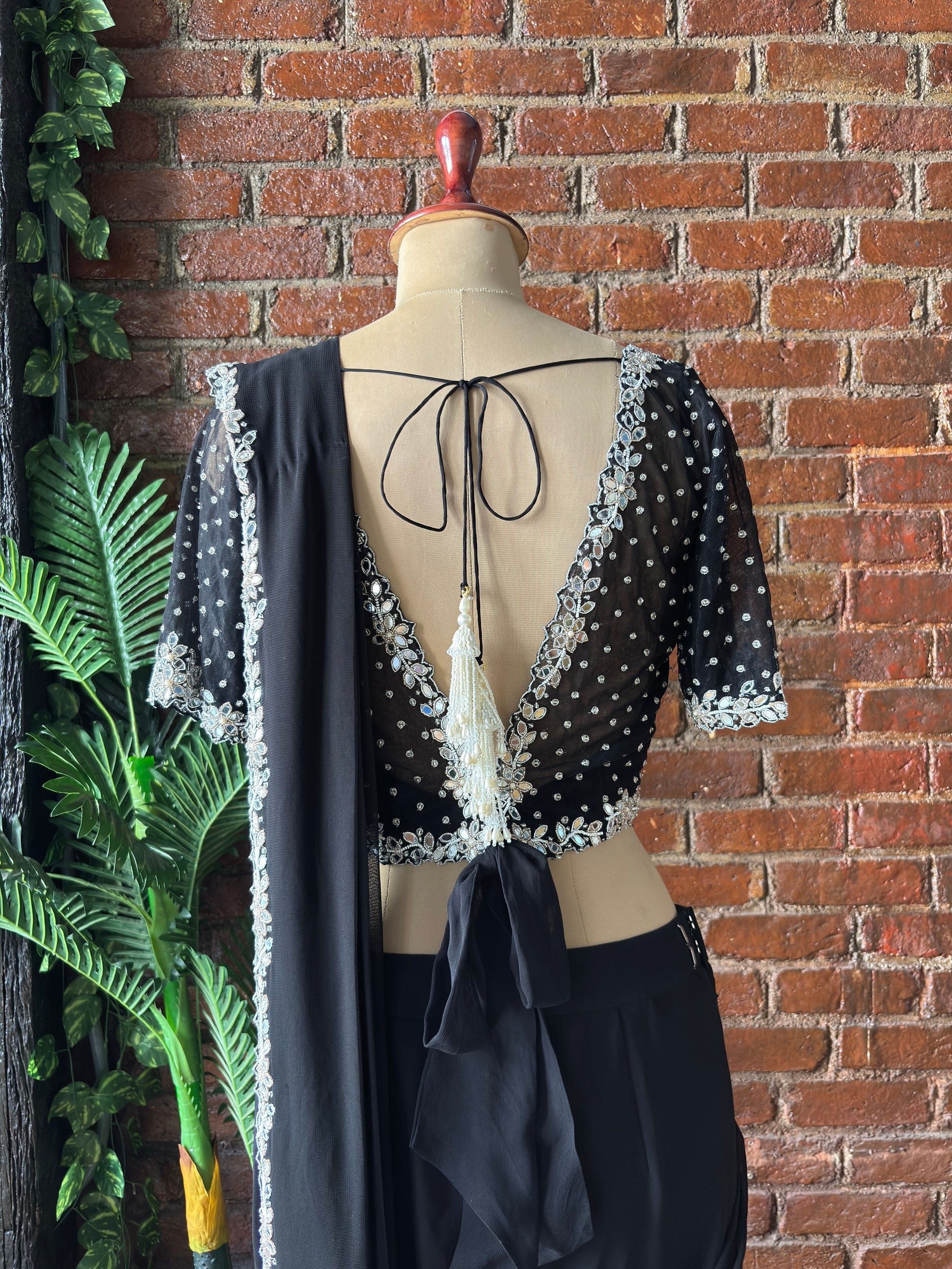 Black Ruffle Saree with Mirror Embroidery