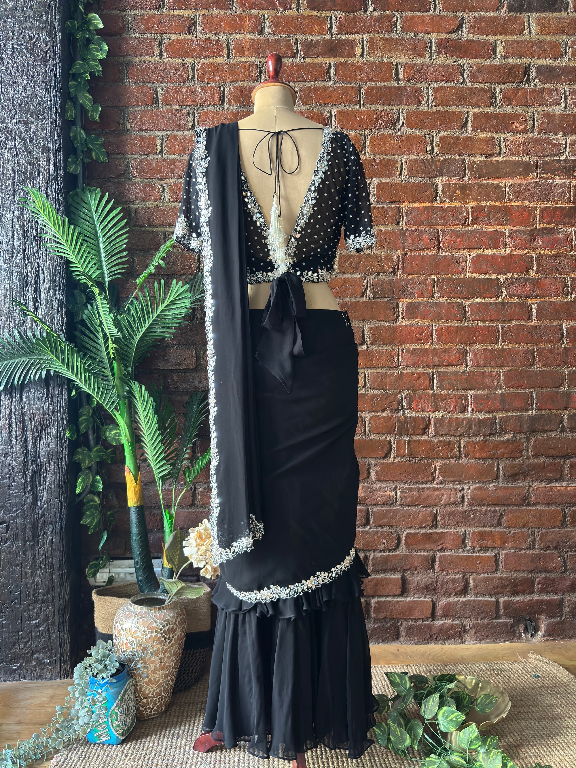 Black Ruffle Saree with Mirror Embroidery - Black saree with white floral details