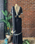 Black Ruffle Saree with Mirror Embroidery - Black saree with white floral details