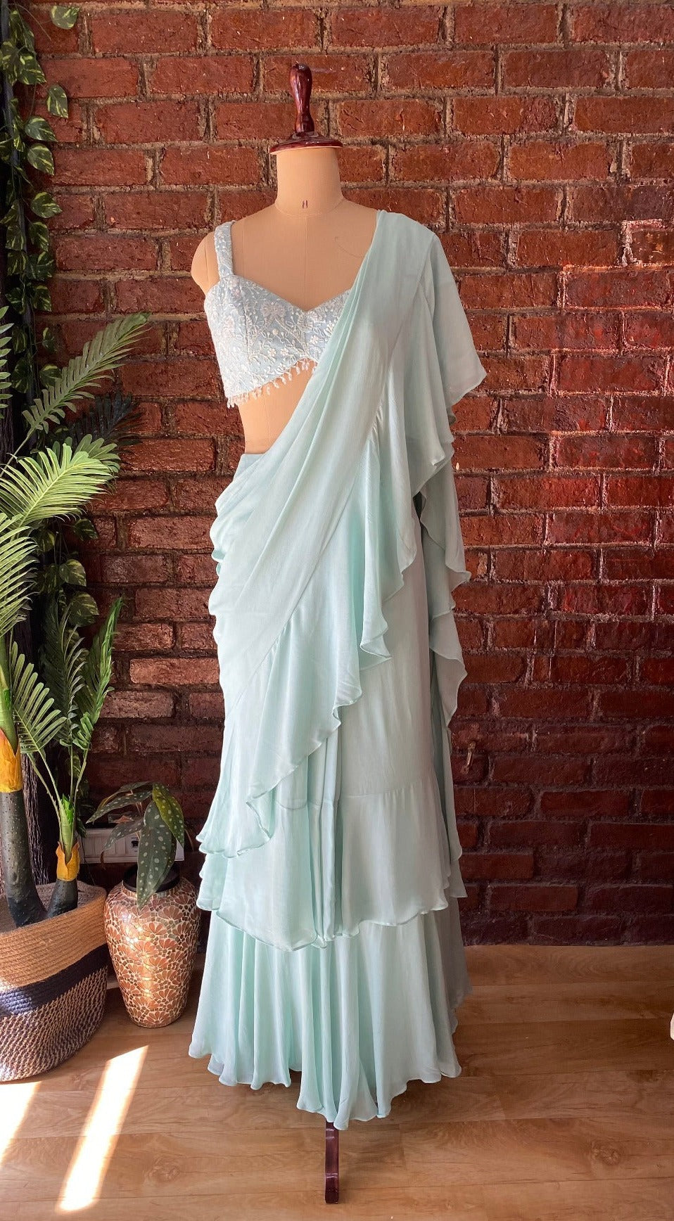 Mint Green Pre-Stitched Ruffle Saree - indian ethnic wear