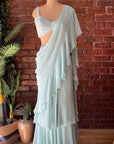 Mint Green Pre-Stitched Ruffle Saree - indian ethnic wear