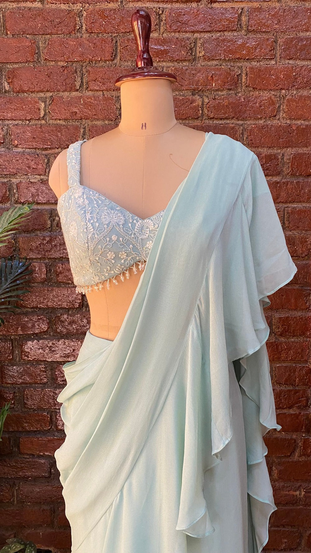 Mint Green Pre-Stitched Ruffle Saree - indian ethnic wear