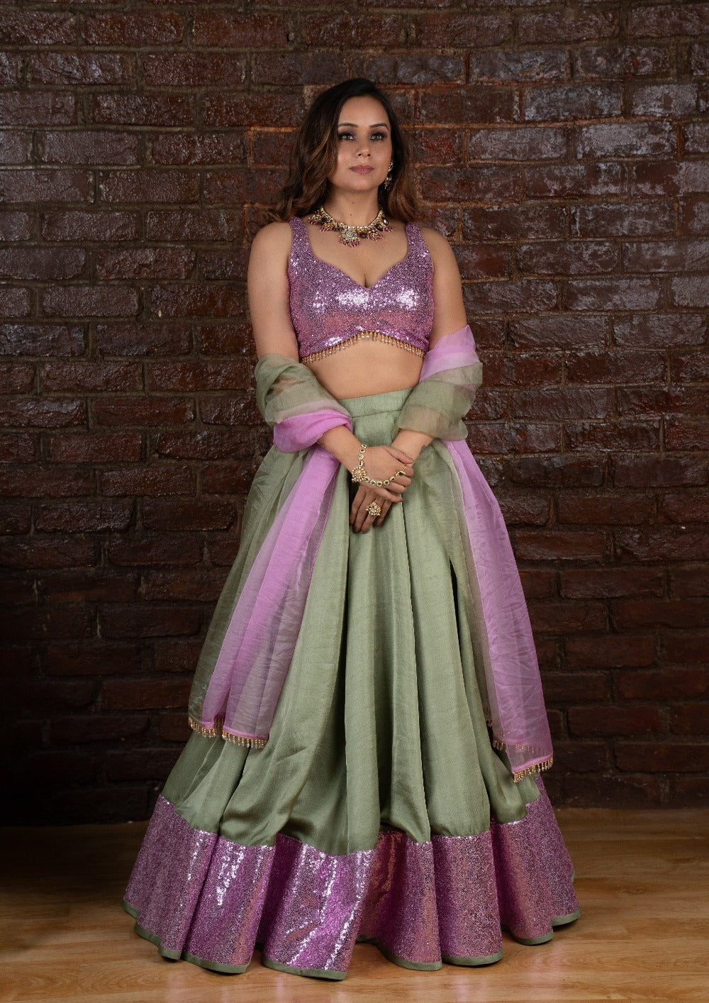 green emerald velvet dress Sage Green and Lavender Lehenga – WaliaJones