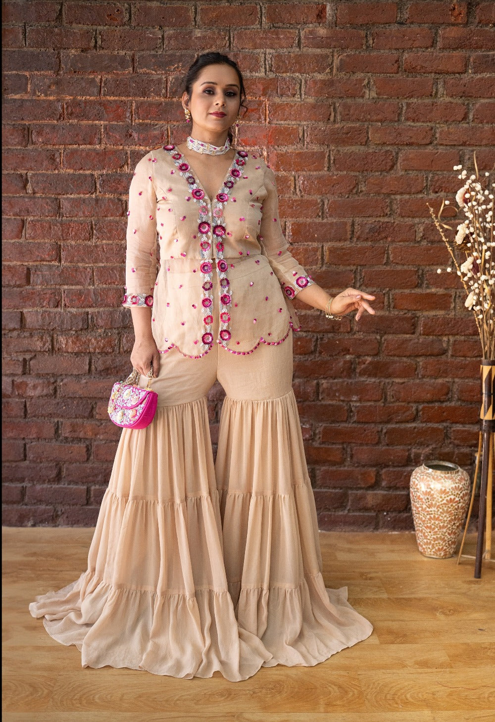 Beige Organza Peplum Top and Sharara Set - india dress for ladies