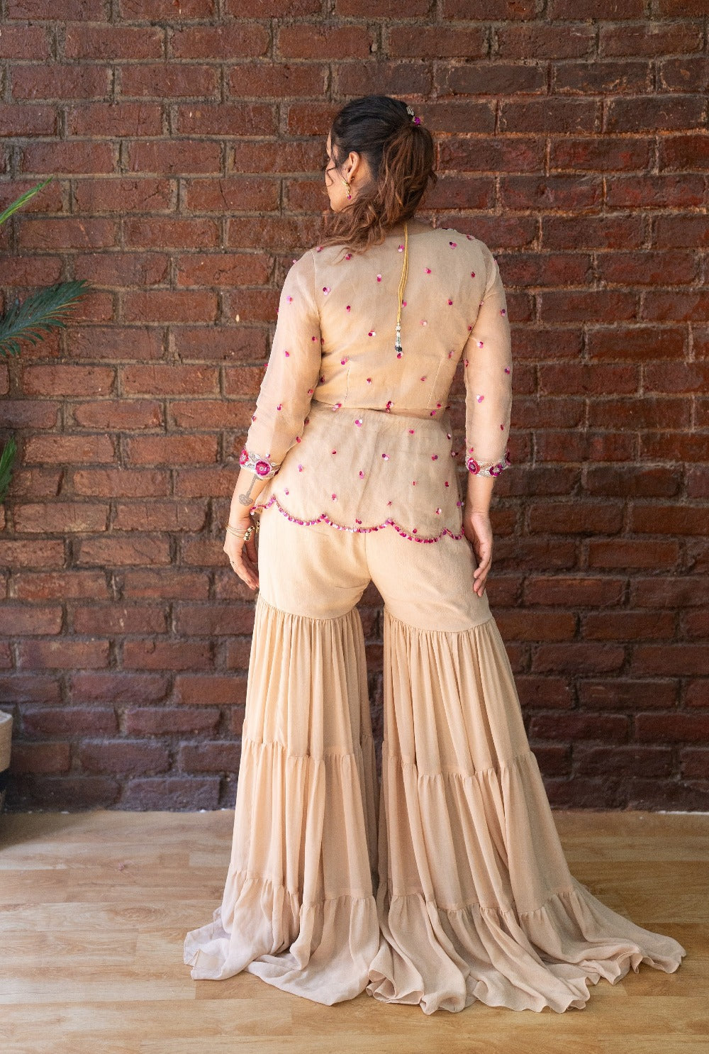 strapless open back dress Beige Organza Peplum Top and Sharara Set – WaliaJones