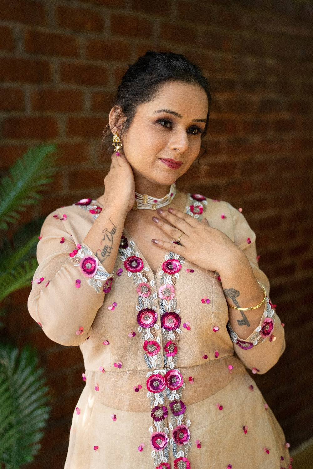 Beige Organza Peplum Top and Sharara Set - india dress for ladies