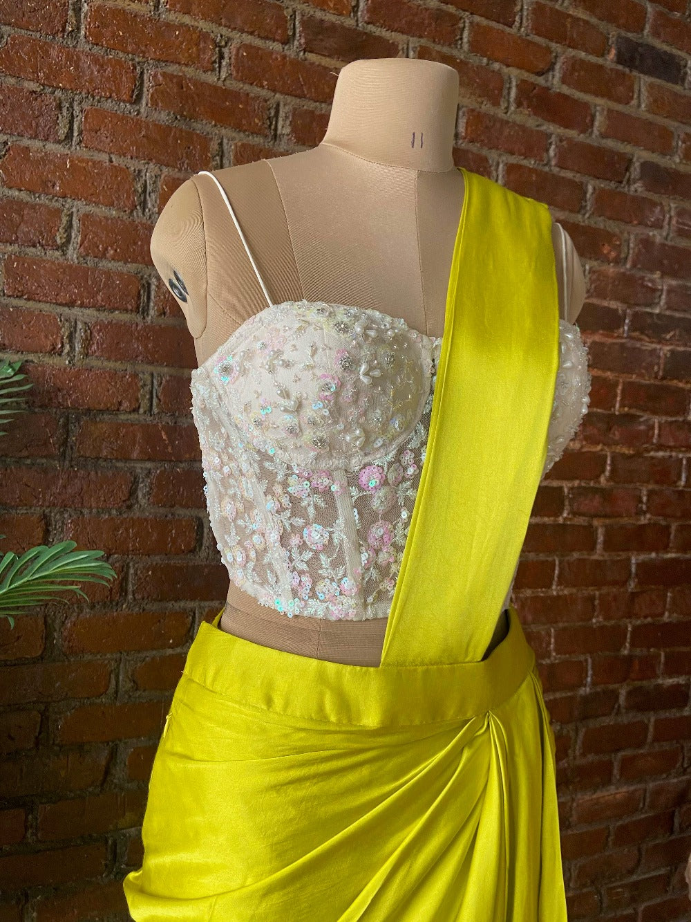 Yellow Satin Silk Draped Saree with Corset - sari indian outfit