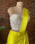 Yellow Satin Silk Draped Saree with Corset - sari indian outfit