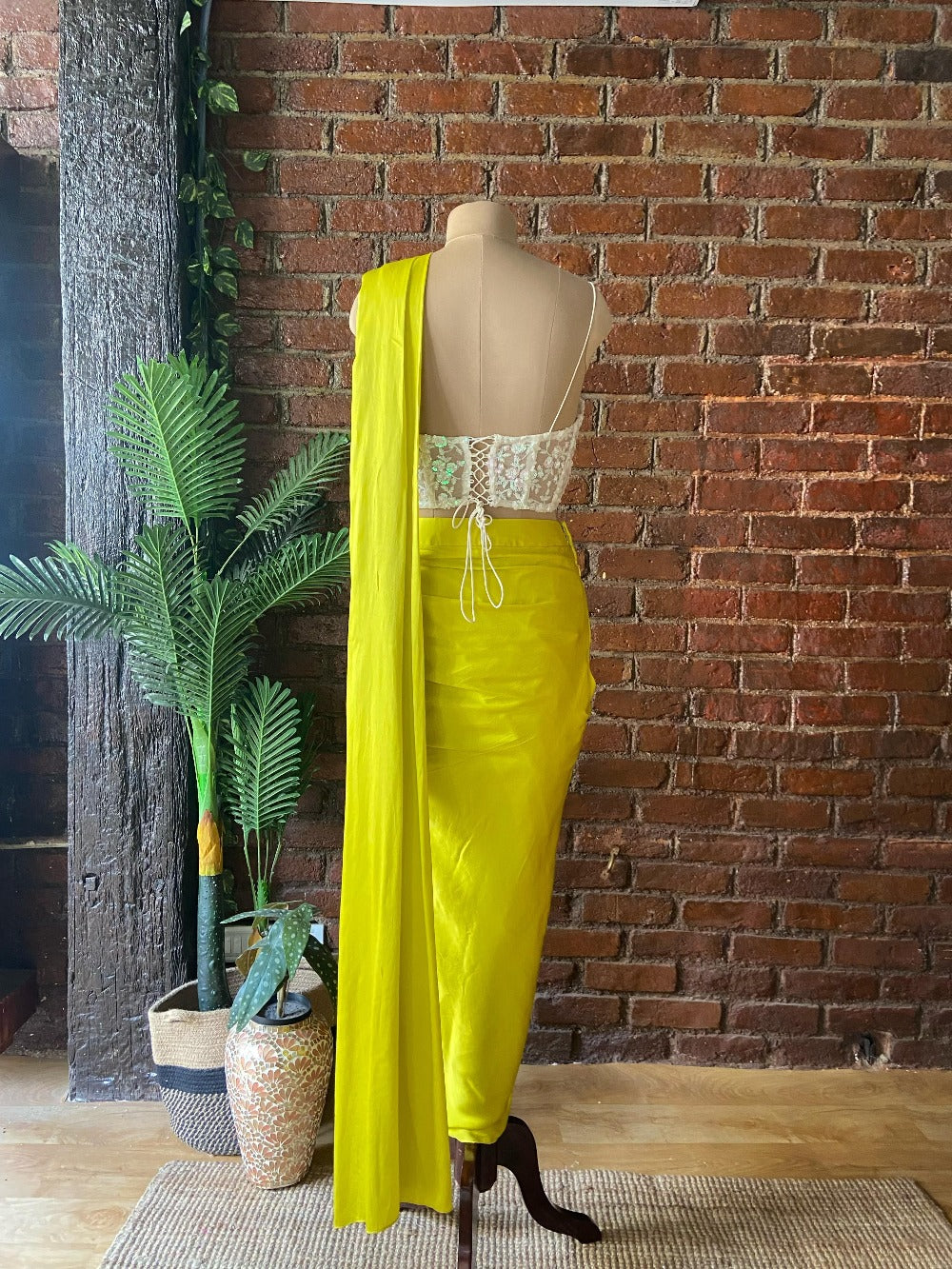 Yellow Satin Silk Draped Saree with Corset - sari indian outfit