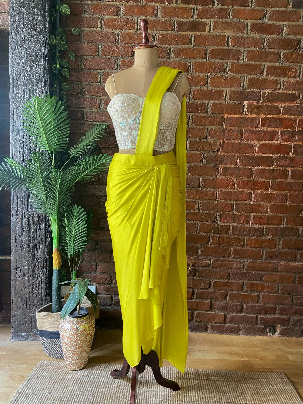 Yellow Satin Silk Draped Saree with Corset - sari indian outfit
