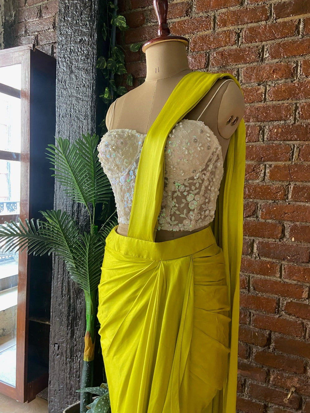 Yellow Satin Silk Draped Saree with Corset - sari indian outfit