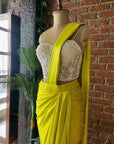 Yellow Satin Silk Draped Saree with Corset - sari indian outfit