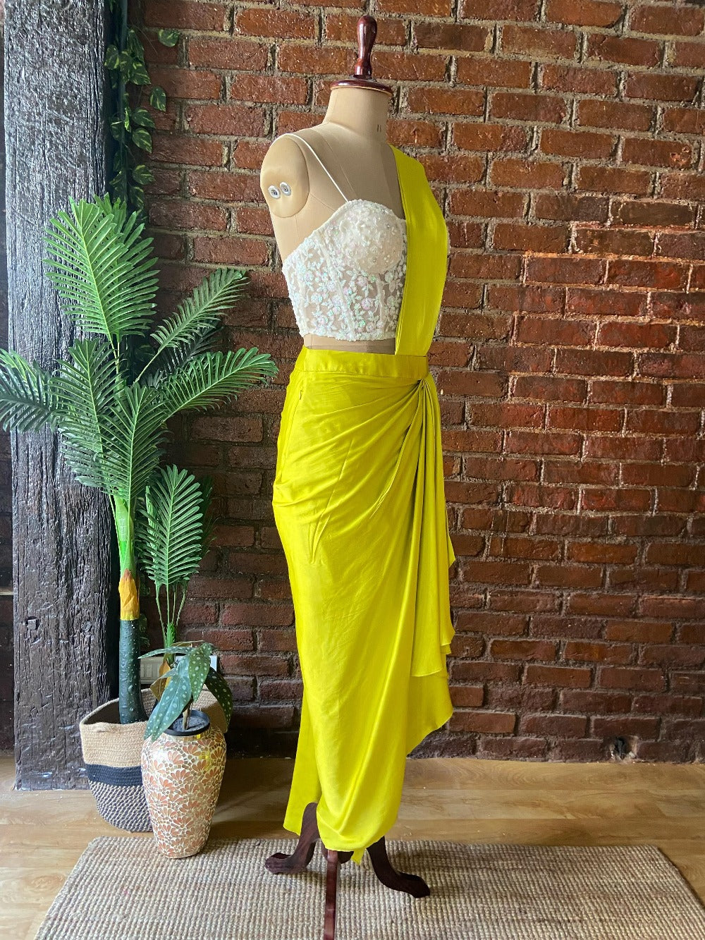 Yellow Satin Silk Draped Saree with Corset - sari indian outfit
