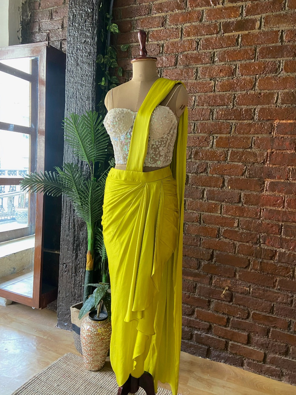 Yellow Satin Silk Draped Saree with Corset - sari indian outfit