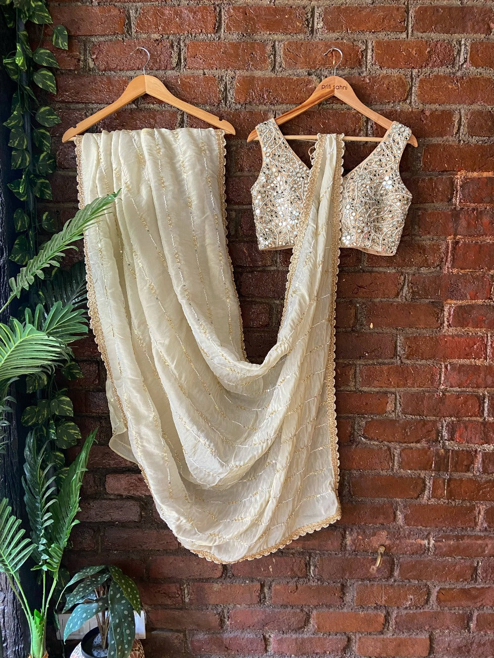 Creme Tissue Embroidered Saree - indian outfit saree