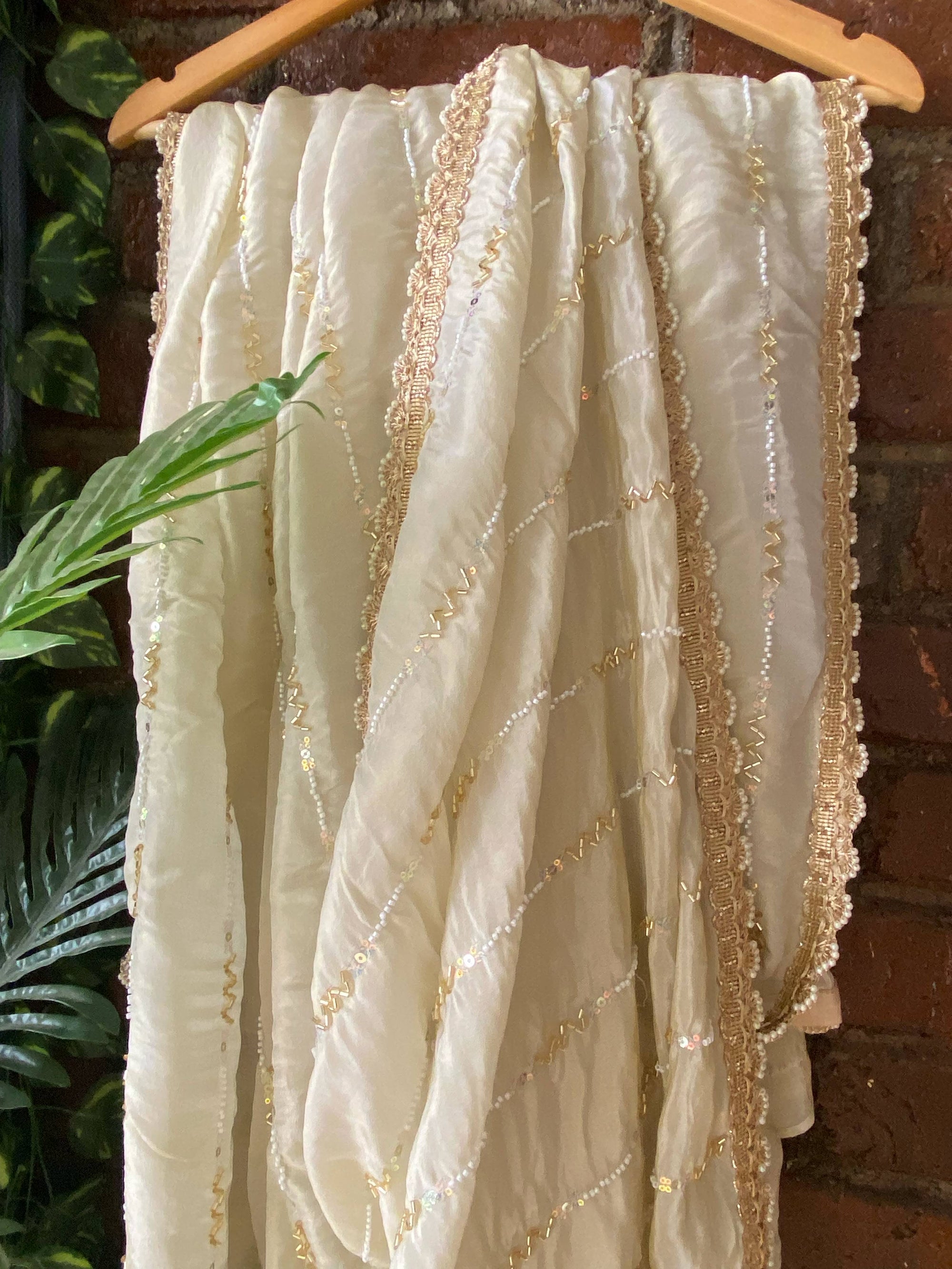 Creme Tissue Embroidered Saree - indian outfit saree