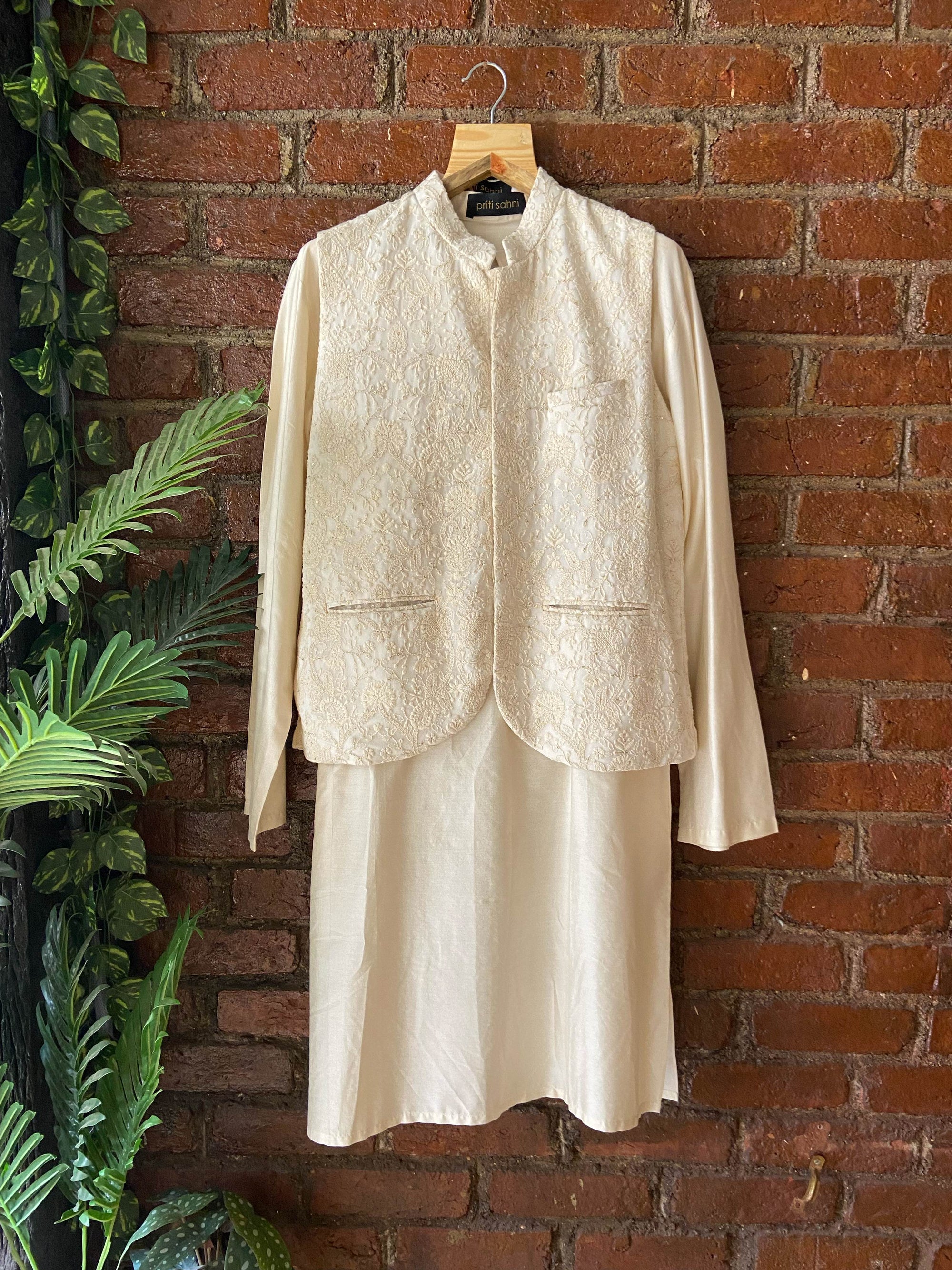 Ivory Kurta Pant with Thread Work Vest - indian men's clothing
