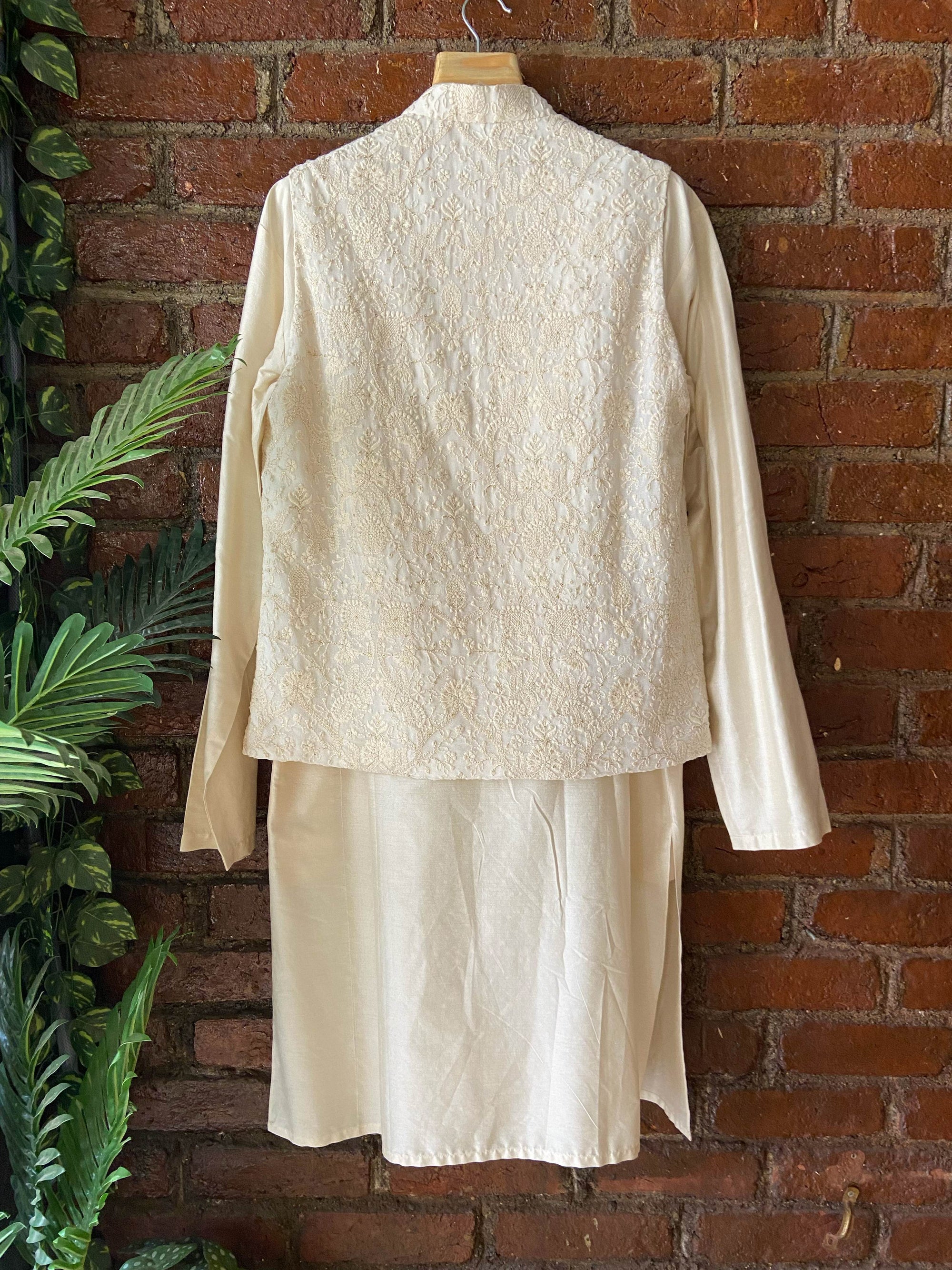 Ivory Kurta Pant with Thread Work Vest - indian men's clothing