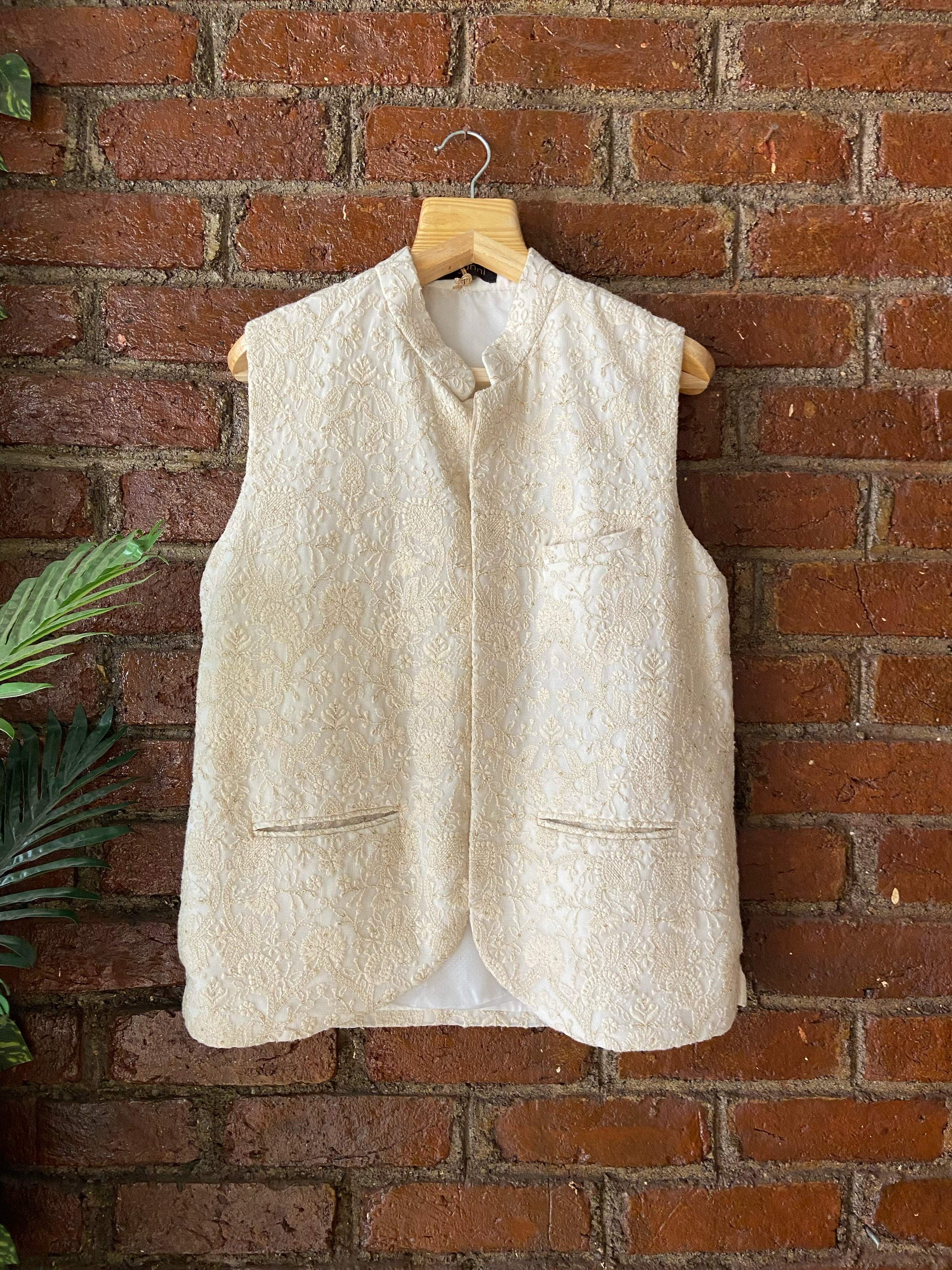 Ivory Kurta Pant with Thread Work Vest - indian men's clothing