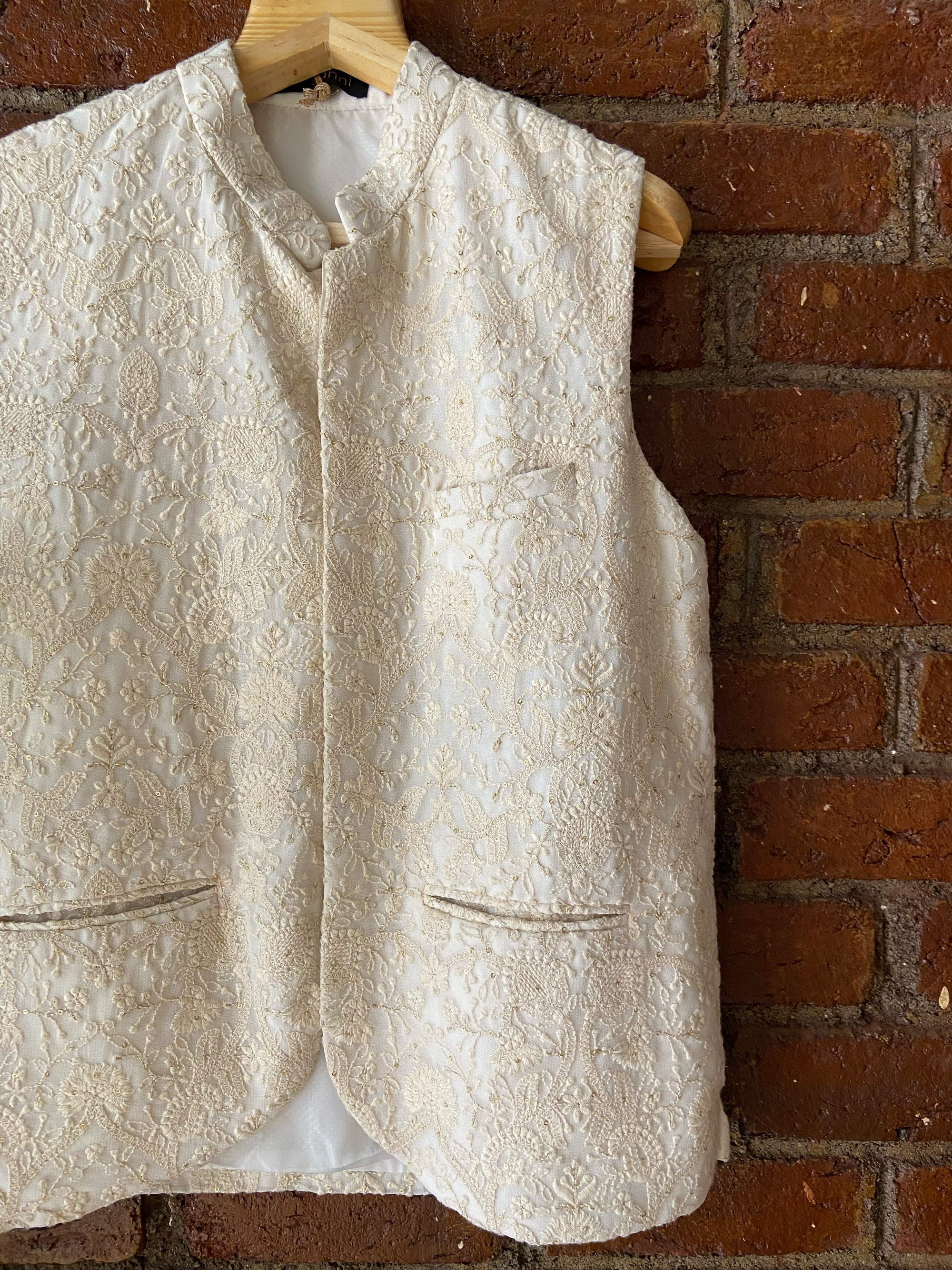 Ivory Kurta Pant with Thread Work Vest - indian men's clothing