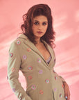 Dust Green Pant Suit with 3D Floral Embroidery - pant suit for women