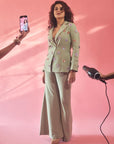 Dust Green Pant Suit with 3D Floral Embroidery - pant suit for women