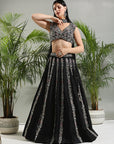 Black Thread and Mirror Hand Embroidered Lehenga Set - lehenga