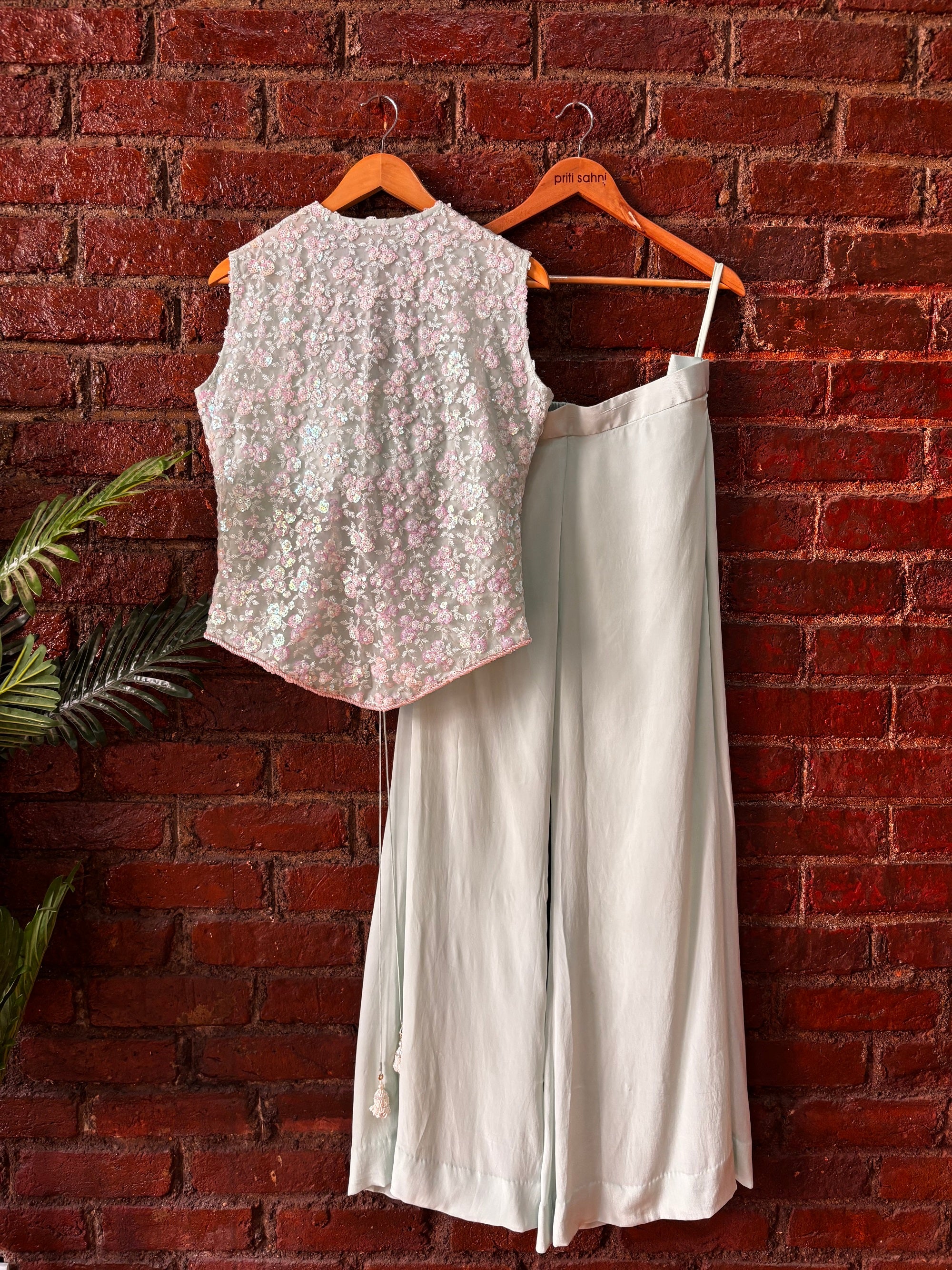 Mint Sequin work Jacket and Pant Set