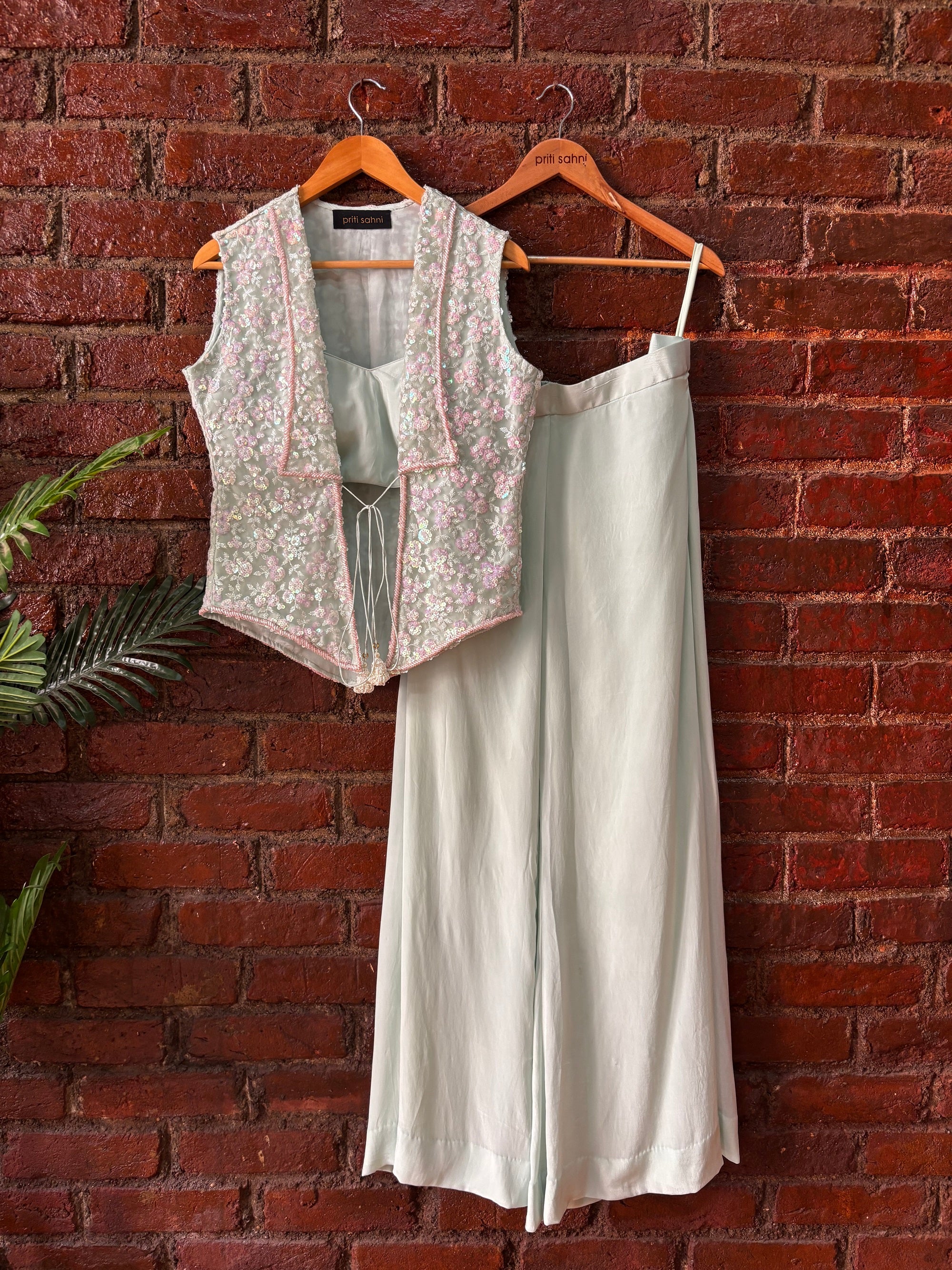 Mint Sequin work Jacket and Pant Set
