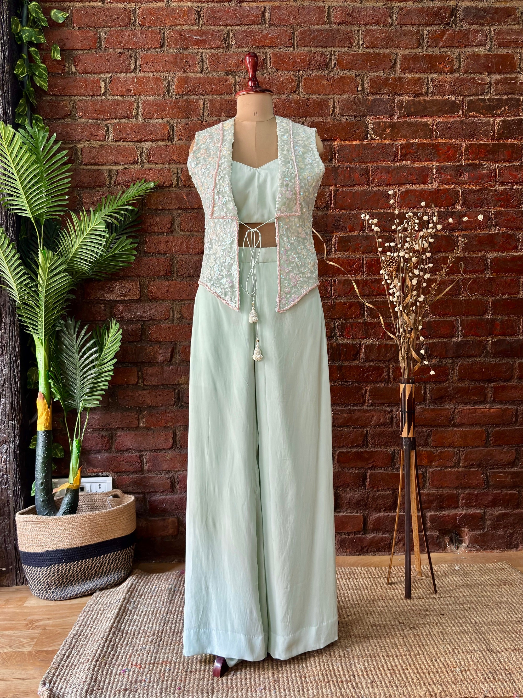 Mint Sequin work Jacket and Pant Set