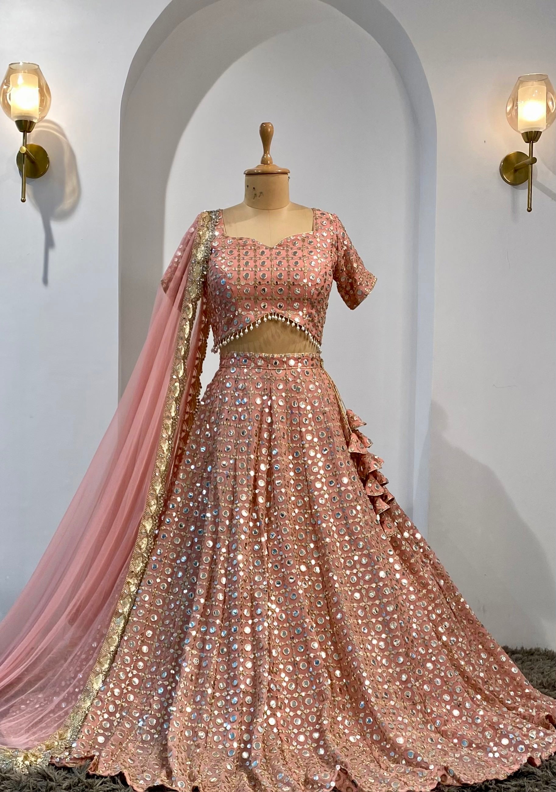 Contrast Dupatta Peach And Golden Bridal Lehenga Bridal Lehenga