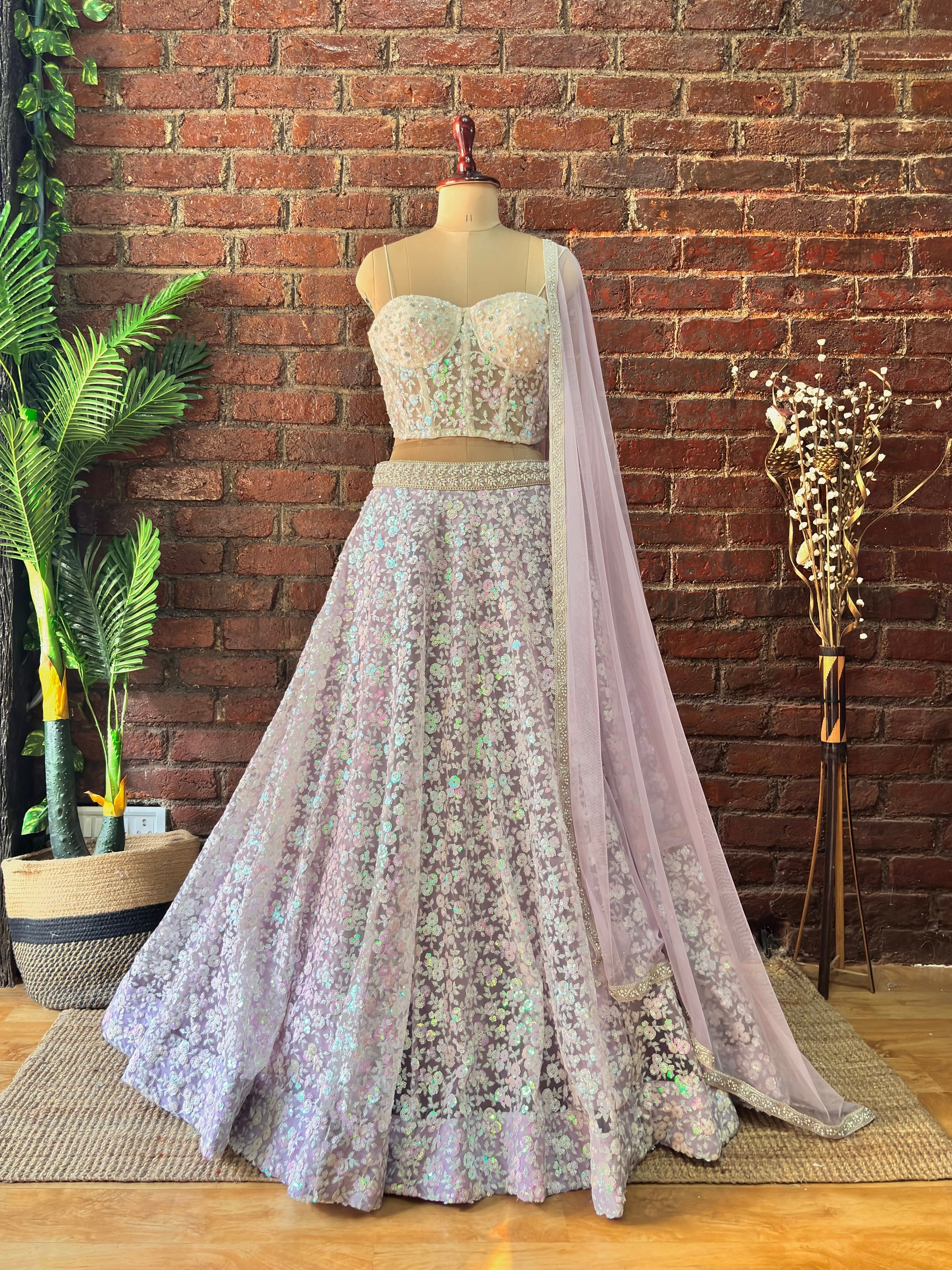 Ivory Corset and Lavender Sequin work Lehenga - Lavender lehenga