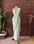Mint Pre-Draped Saree with Mirror work Blouse - Saree USA