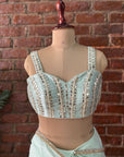 Mint Pre-Draped Saree with Mirror work Blouse - Blouse Design
