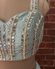 Mint Pre-Draped Saree with Mirror work Blouse