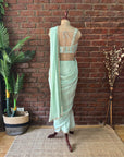 Mint Pre-Draped Saree with Mirror work Blouse - Saree UK