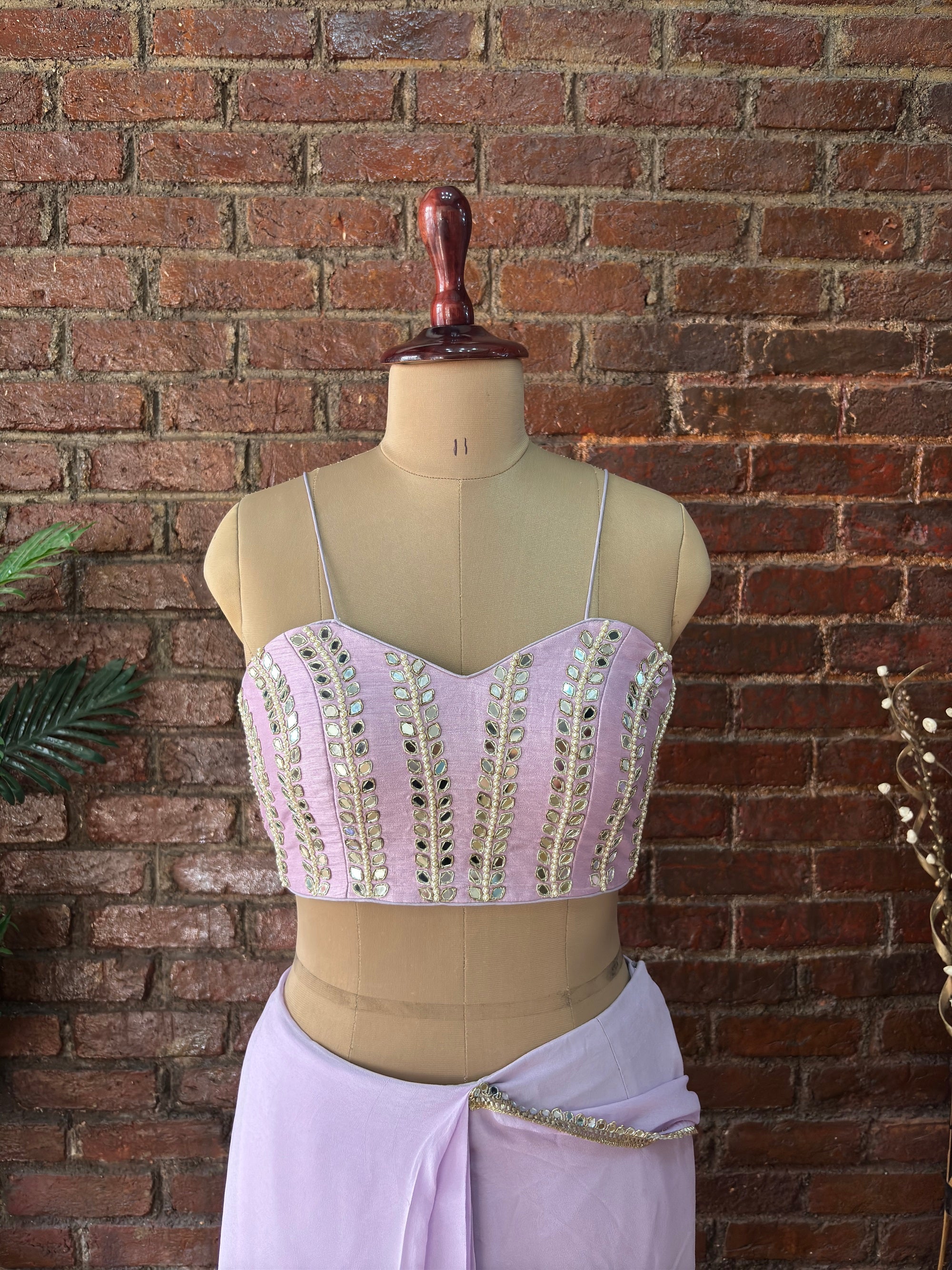 Lavender Pre-Draped Saree with Mirror work Blouse - Embroidered Blouse
