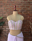 Lavender Pre-Draped Saree with Mirror work Blouse - Embroidered Blouse