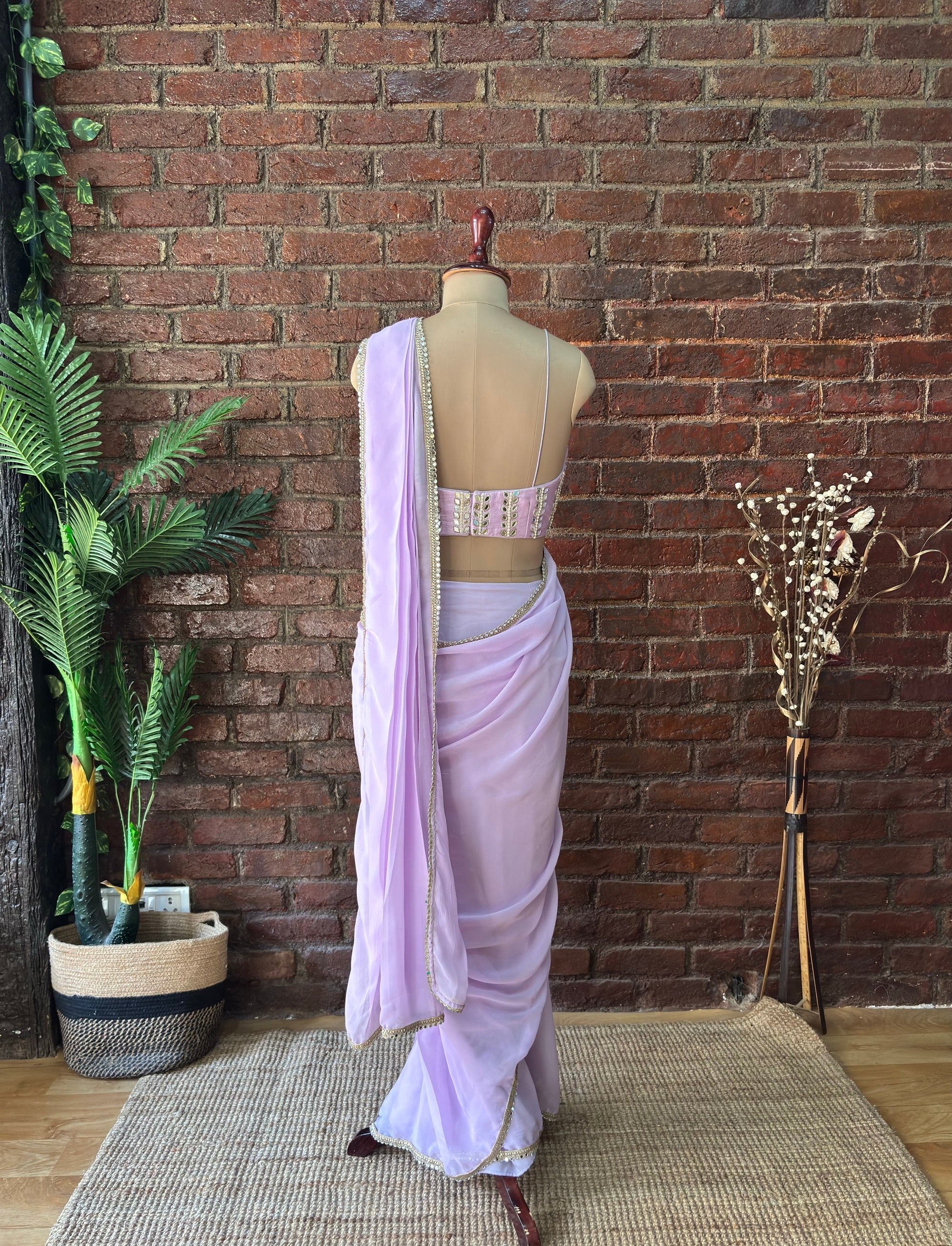 Lavender Pre-Draped Saree with Mirror work Blouse - Saree New Zealand