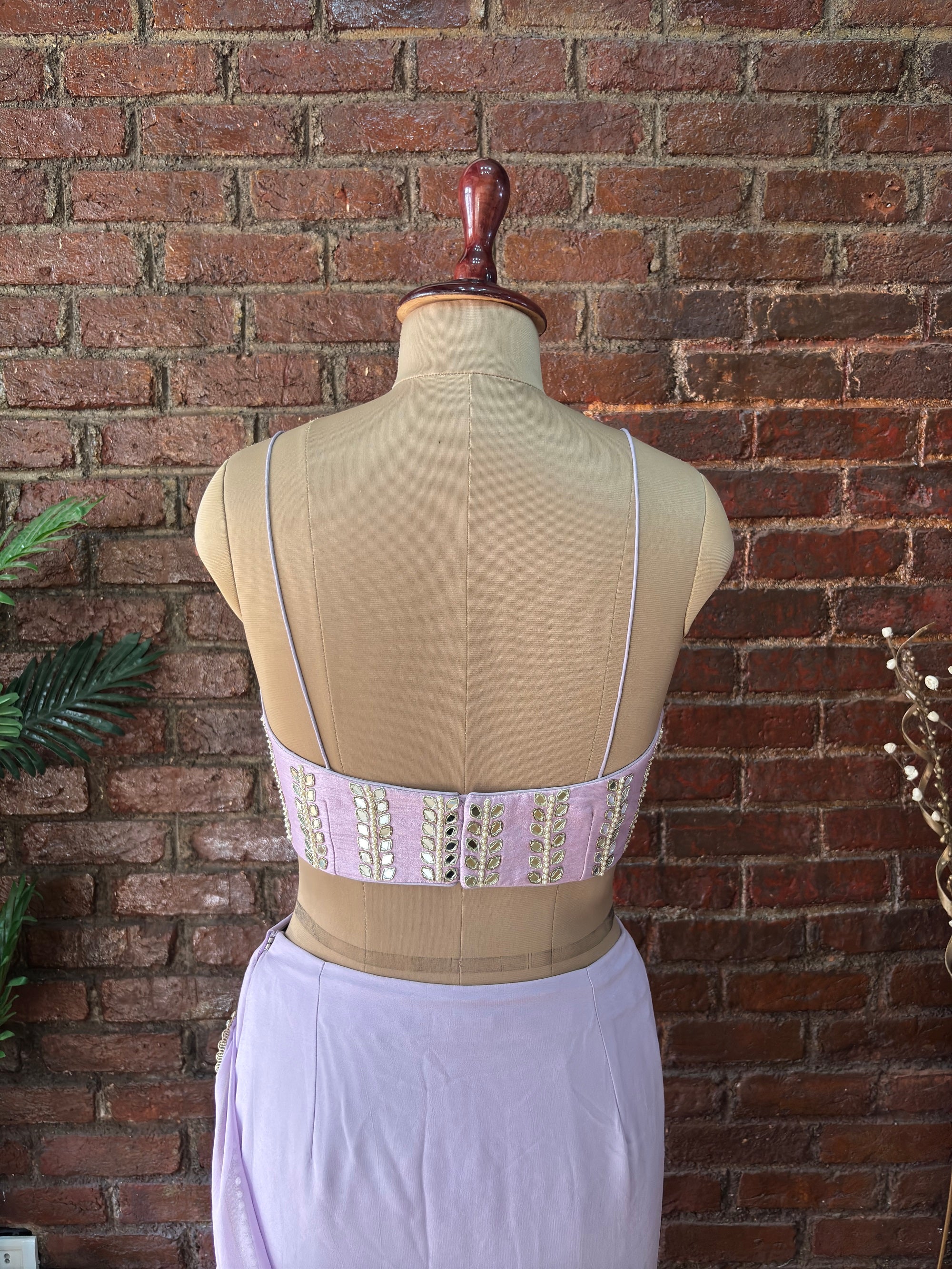 Lavender Pre-Draped Saree with Mirror work Blouse - Blouse back