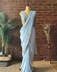 Dusty Blue Pre-Draped Saree with Mirror work Blouse