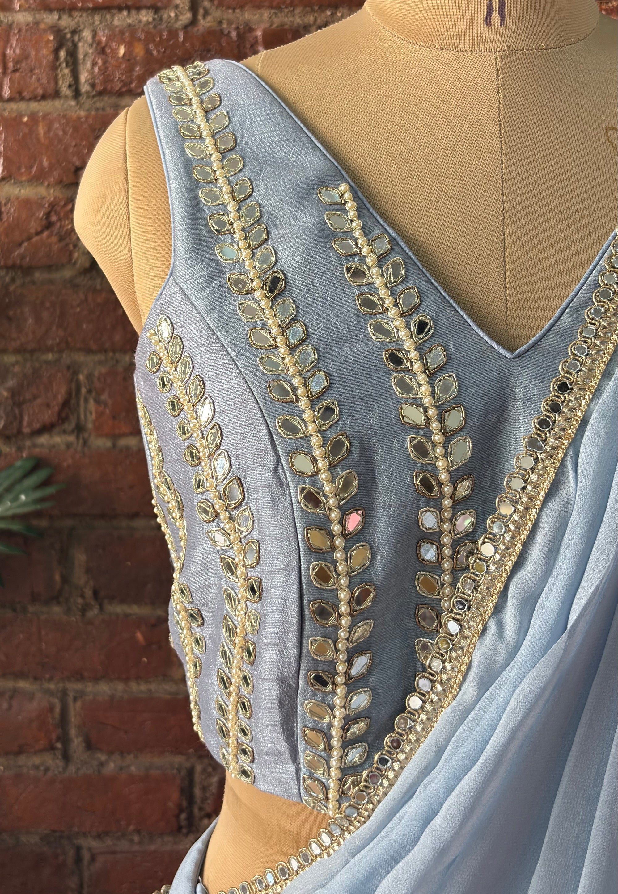 Dusty Blue Pre-Draped Saree with Mirror work Blouse - Blouse embroidery