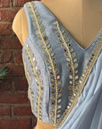 Dusty Blue Pre-Draped Saree with Mirror work Blouse - Blouse embroidery