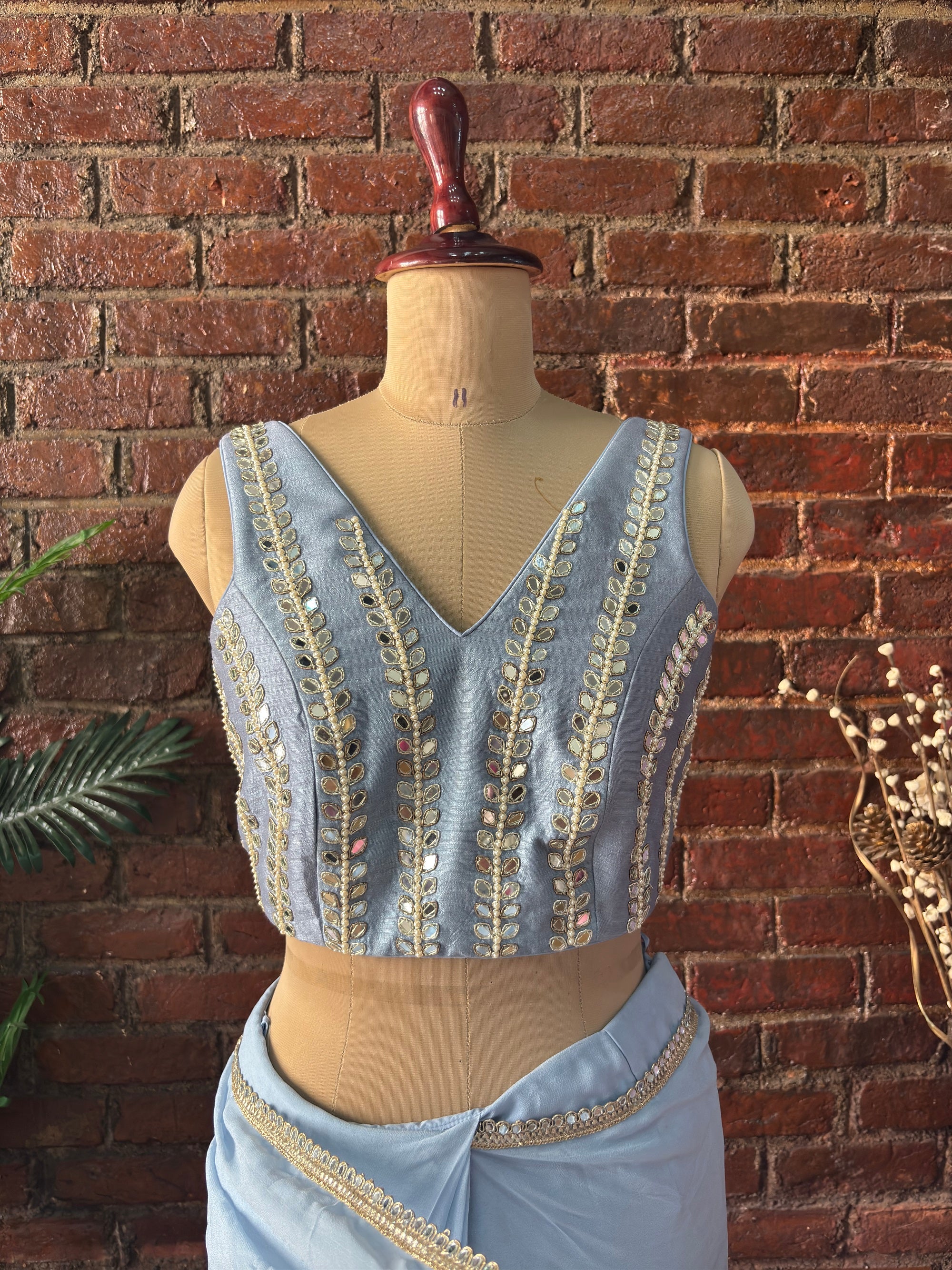 Dusty Blue Pre-Draped Saree with Mirror work Blouse - Blouse design