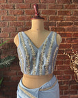 Dusty Blue Pre-Draped Saree with Mirror work Blouse - Blouse design