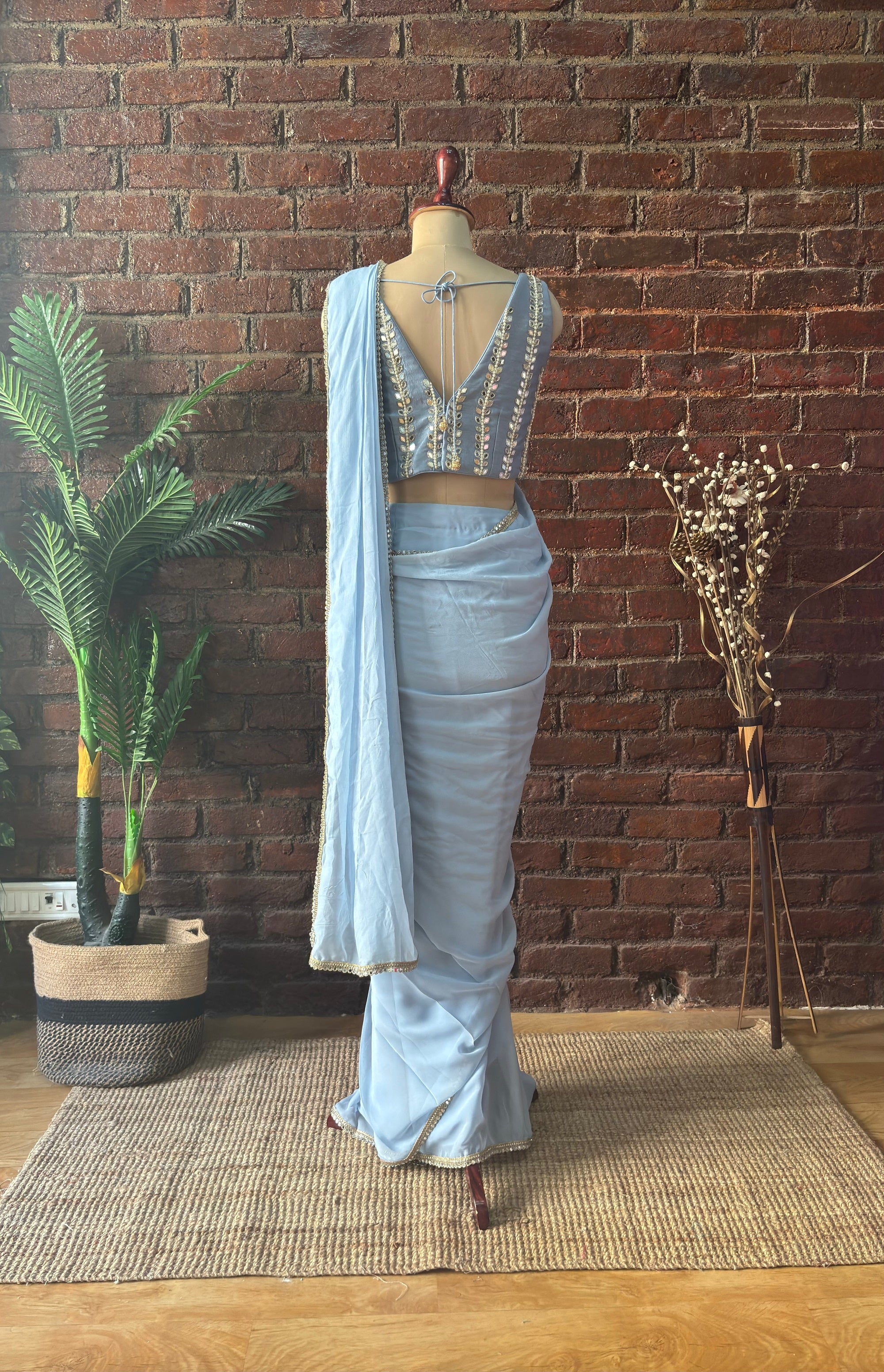 Dusty Blue Pre-Draped Saree with Mirror work Blouse - Indian Saree