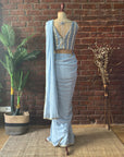 Dusty Blue Pre-Draped Saree with Mirror work Blouse - Indian Saree