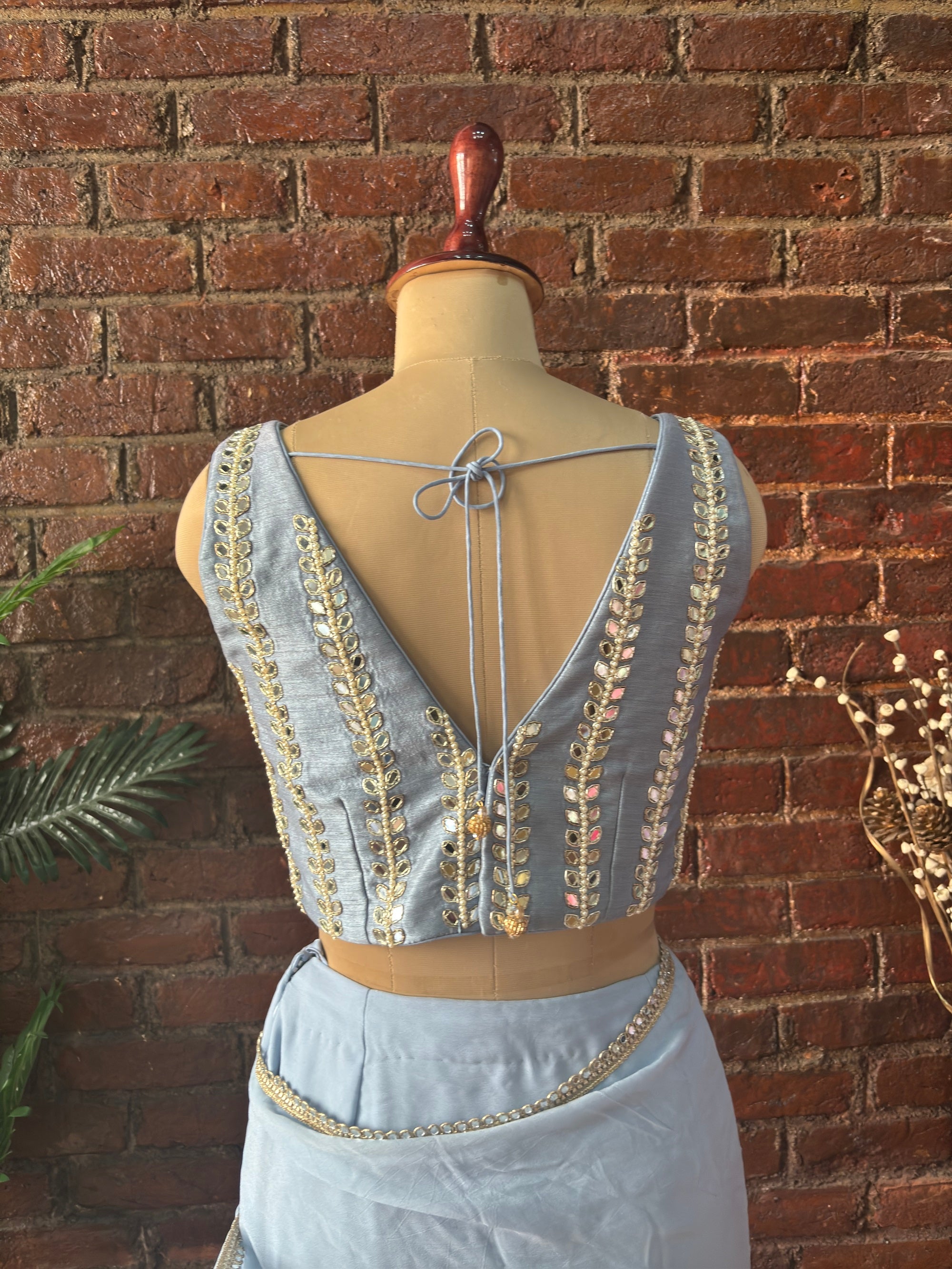 Dusty Blue Pre-Draped Saree with Mirror work Blouse - Blouse back design