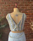 Dusty Blue Pre-Draped Saree with Mirror work Blouse - Blouse back design